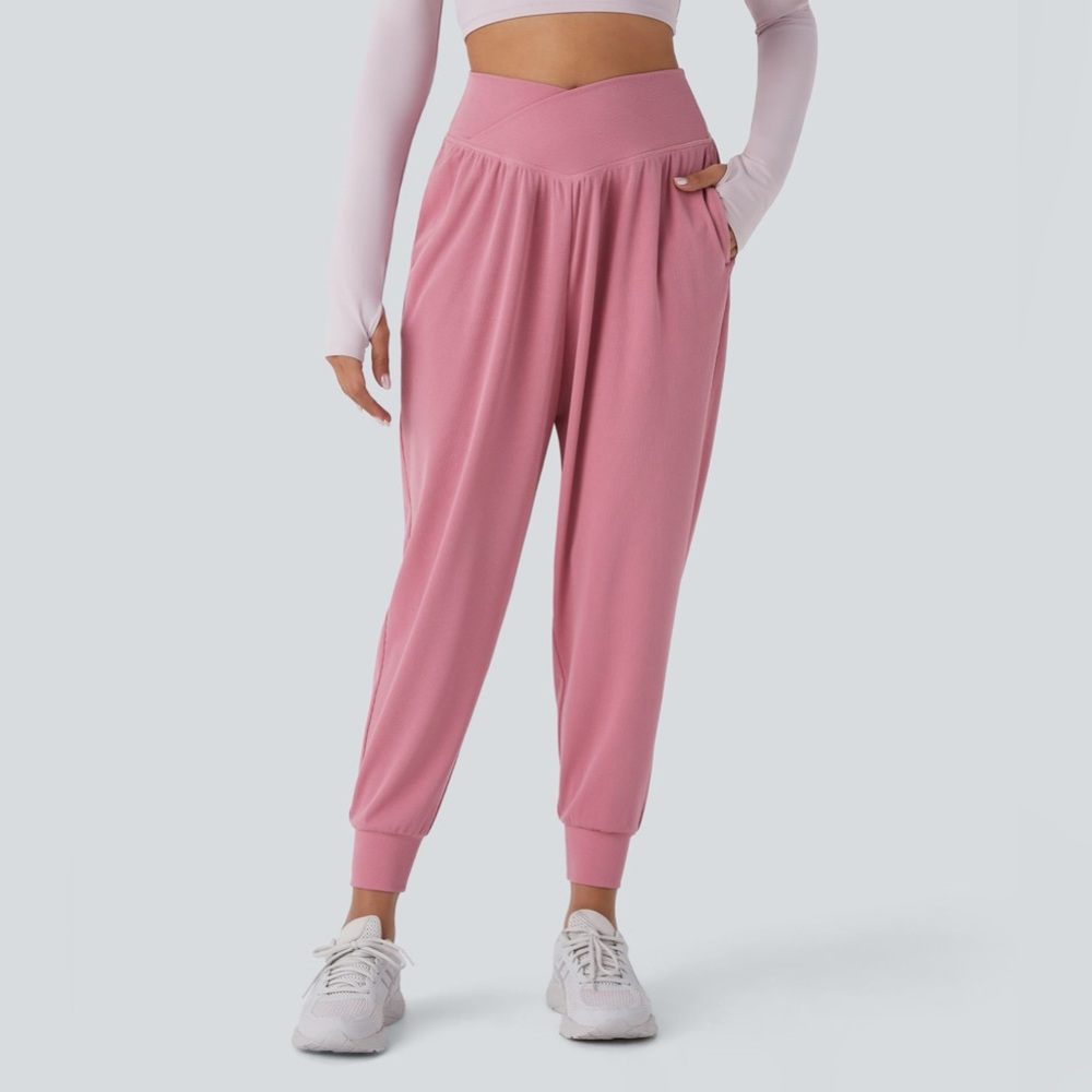 HALARA NWT High Waisted Crossover Side Pocket Waffle Yoga Joggers Rouge Pink
